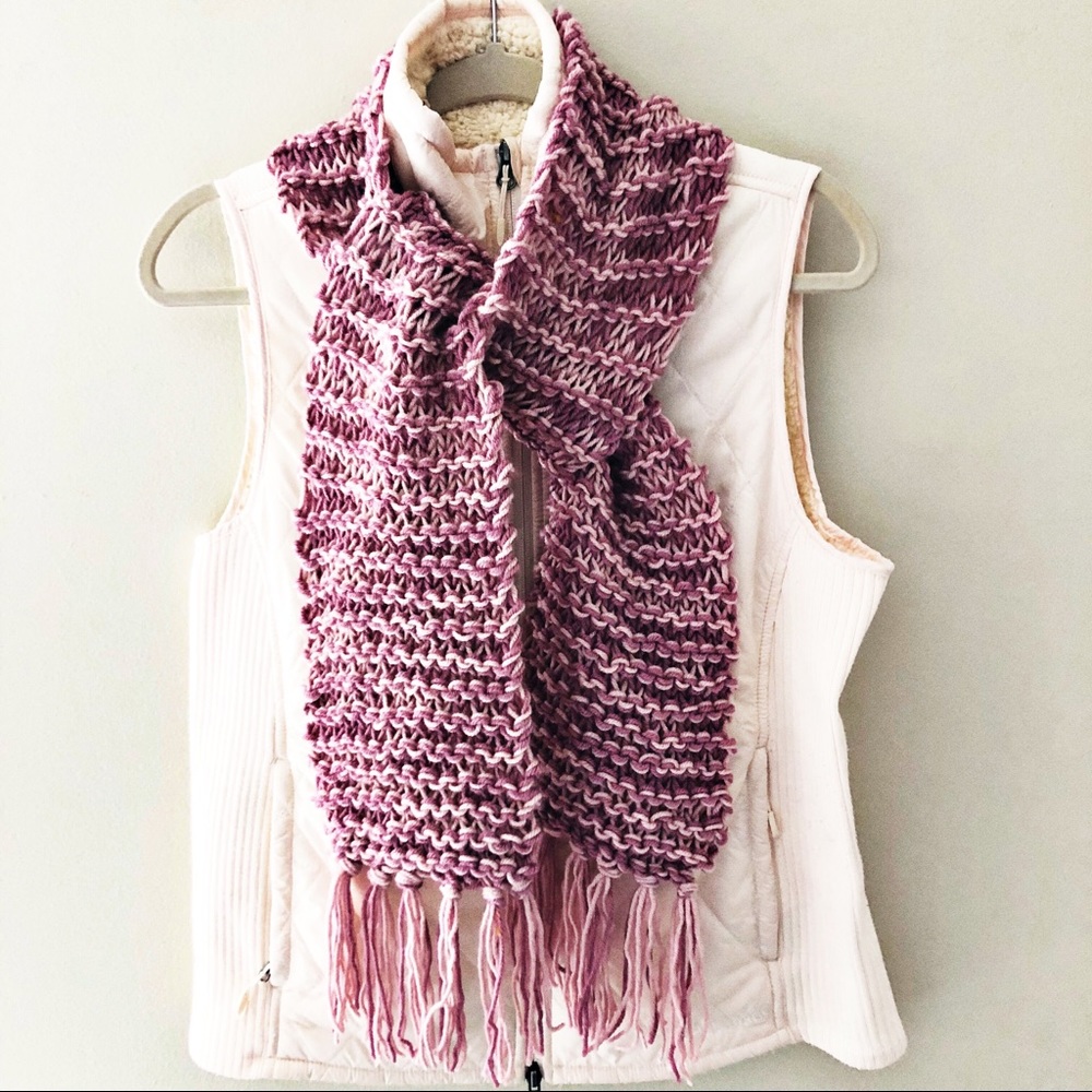 Knit Scarf Handmade Hand Knitted Wrap Warm Chunky Texture Rose Pink Blush Fringe